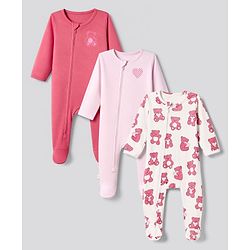 Bonfino 100% Cotton Knit Full Sleeves Sleep Suit with Heart & Bear Print Pack of 3 - Pink , Dark Pink & White