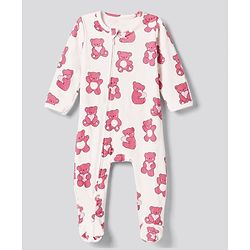 Bonfino 100% Cotton Knit Full Sleeves Sleep Suit with Heart & Bear Print Pack of 3 - Pink , Dark Pink & White