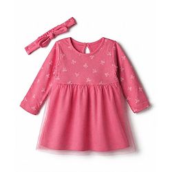 Bonfino 100% Cotton Knit Fit and Flare Frock and Headband with Full Sleeves and Bow Print in Pink
