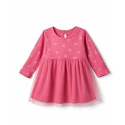 Bonfino 100% Cotton Knit Fit and Flare Frock and Headband with Full Sleeves and Bow Print in Pink