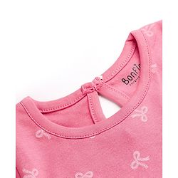 Bonfino 100% Cotton Knit Fit and Flare Frock and Headband with Full Sleeves and Bow Print in Pink