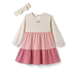 Bonfino 100% Cotton Knit Full Sleeves Heart Embroidered Dress With Head Band - White
