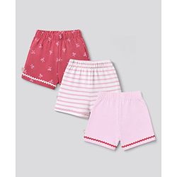 Bonfino Knit 100% Cotton Bow & Stripe Printed Shorts Pack of 3 -red, White & Pink