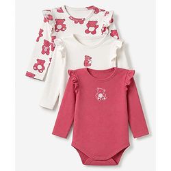 Bonfino Cotton Knit 100% Cotton Full Sleeves Teddy Bear Printed Onesies Pack of 3 - White & Pink