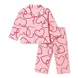 Bonfino 100% Cotton Knit Full Sleeves Co-Ords Shirt & Pyjama Night Suit with Heart Print - Pink