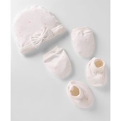 Bonfino 100% Cotton Knit Cap, Mitten & Booties Set With Heart Print & Bow Applique White - Diameter 10 cm