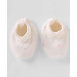Bonfino 100% Cotton Knit Cap, Mitten & Booties Set With Heart Print & Bow Applique White - Diameter 10 cm