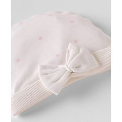 Bonfino 100% Cotton Knit Cap, Mitten & Booties Set With Heart Print & Bow Applique White - Diameter 10 cm