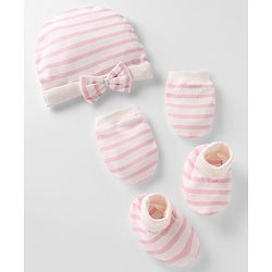 Bonfino 100% Cotton Knit Striped Cap, Mitten & Booties Set With Bow Applique White - Diameter 10 cm
