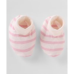 Bonfino 100% Cotton Knit Striped Cap, Mitten & Booties Set With Bow Applique White - Diameter 10 cm