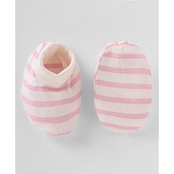 Bonfino 100% Cotton Knit Striped Cap, Mitten & Booties Set With Bow Applique White - Diameter 10 cm