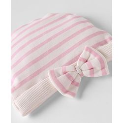 Bonfino 100% Cotton Knit Striped Cap, Mitten & Booties Set With Bow Applique White - Diameter 10 cm