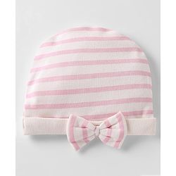 Bonfino 100% Cotton Knit Striped Cap, Mitten & Booties Set With Bow Applique White - Diameter 10 cm