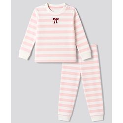 Bonfino 100% Cotton Knit Full Sleeves Striped T-Shirt & Pyjama Night Suit with Bow Embroidery - White