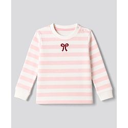Bonfino 100% Cotton Knit Full Sleeves Striped T-Shirt & Pyjama Night Suit with Bow Embroidery - White