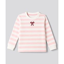 Bonfino 100% Cotton Knit Full Sleeves Striped T-Shirt & Pyjama Night Suit with Bow Embroidery - White