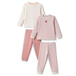 Bonfino 100% Cotton Knit Full Sleeves Co-Ords T-Shirt & Pyjama Night Suit with Polka Dots and Strips Design Pack of 2 - White & Pink