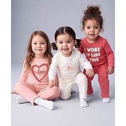Bonfino 100% Cotton Knit Full Sleeves T-Shirt & Pyjama Night Suit with Heart Bear & Text Print Pack of 3- Pink White & Red