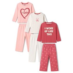 Bonfino 100% Cotton Knit Full Sleeves T-Shirt & Pyjama Night Suit with Heart Bear & Text Print Pack of 3- Pink White & Red