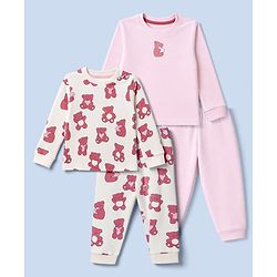 Bonfino 100% Cotton Knit Full Sleeves Co-Ords T-Shirt & Pyjama Night Suit with Teddy Bear Print Pack of 2 - White & Pink