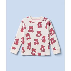 Bonfino 100% Cotton Knit Full Sleeves Co-Ords T-Shirt & Pyjama Night Suit with Teddy Bear Print Pack of 2 - White & Pink