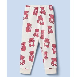 Bonfino 100% Cotton Knit Full Sleeves Co-Ords T-Shirt & Pyjama Night Suit with Teddy Bear Print Pack of 2 - White & Pink