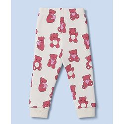 Bonfino 100% Cotton Knit Full Sleeves Co-Ords T-Shirt & Pyjama Night Suit with Teddy Bear Print Pack of 2 - White & Pink