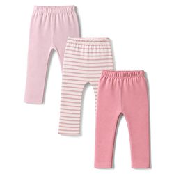 Bonfino 100% Cotton Knit Full Length Striped & Solid Diaper Leggings Pack Of 3 - Pink & White