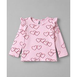 Bonfino 100% Cotton Knit Full Sleeves T-Shirts with Frill Detailing and Hearts Print Pack of 3 - Light Pink Pink & White