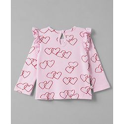 Bonfino 100% Cotton Knit Full Sleeves T-Shirts with Frill Detailing and Hearts Print Pack of 3 - Light Pink Pink & White