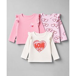 Bonfino 100% Cotton Knit Full Sleeves T-Shirts with Frill Detailing and Hearts Print Pack of 3 - Light Pink Pink & White