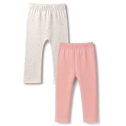 Bonfino 100% Cotton Knit Full Length Hearts Printed & Solid Diaper Leggings Pack Of 2 - Pink & White
