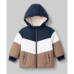 Bonfino Woven Full Sleeves  Puffer Quilted Jacket with Color Block & Pollar Fleece in Hoodie - White