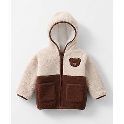 Bonfino Woven Full Sleeves Bear Patch Sherpa Color Block Quilted Hooded Jacket - OffWhite