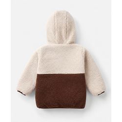 Bonfino Woven Full Sleeves Bear Patch Sherpa Color Block Quilted Hooded Jacket - OffWhite