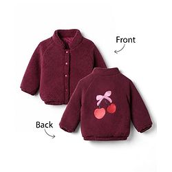 Bonfino Woven Full Sleeves Sherpa Fleece Quilted High Neck Jackets With Cherry Applique - Wine