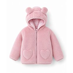 Bonfino Woven Sherpa Fleece Quilted Jacket with Full Sleeves and Hearts Design - Pink