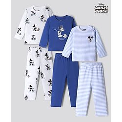 Bonfino Disney 100% Cotton Interlock Knit T-Shirt & Pyjama Night Suit with Mickey Mouse Graphic Print in White & Blue Pack of 3