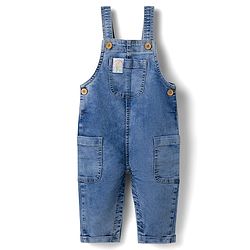Bonfino Cotton Poly Elastane Woven Denim Sleeveless Dungarees With Patch Pockets and Label Details - Mid Blue