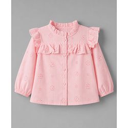 Bonfino Cotton Woven Top with Full Sleeves and Floral Embroidery in Light Peach for 9-12 Months