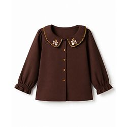Bonfino Cotton Woven Full Sleeves Top with Floral Embroidery Detail - Brown