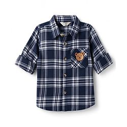 Bonfino 100% Cottonn Woven Yarn Dyed Full Sleeves Checkered Shirt with Pocket & Bear Embroidery - Navy Blue