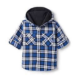 Bonfino Cotton Woven Hooded Shirt with Full Sleeves and Buffalo Checks in Blue for 9-12 Months