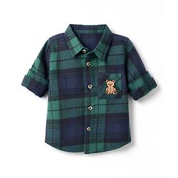Bonfino Cotton Woven Checks Shirt with Full Sleeves and Teddy Bear Applique in Green for 9-12 Months
