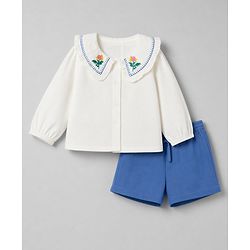 Bonfino Woven 100% Cotton Slub Full Sleeves Ruffled Peter pan Collar Floral Embroidered Top With Double Gauze Shorts - White & Blue