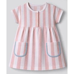 Bonfino 100% Cotton Knit Half Sleeves Striped Printed  Extended Shoulder Dress With Scallop Lace Pockets - White