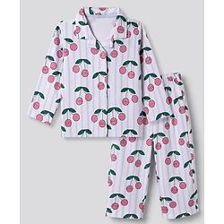Bonfino 100% Cotton Knit Full Sleeves FRont Open Shirt & Pyjama Night Suit with Cherry Print - White