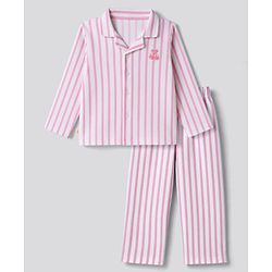 Bonfino 100% Cotton Knit Full Sleeves FRont Open Shirt & Pyjama Night Suit with Cherry Embroidery & Stripes - White & Pink