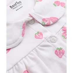 Bonfino 100% Cotton Knit Full Sleeves Co-Ords Top & Pyjama Night Suit with Strawberry Print - White