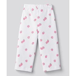 Bonfino 100% Cotton Knit Full Sleeves Co-Ords Top & Pyjama Night Suit with Strawberry Print - White